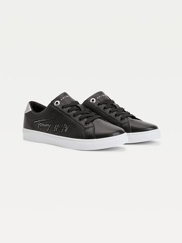 Chaussures Casual Tommy Hilfiger Signature Cuir Cupsole Femme Noir | FR_W21597