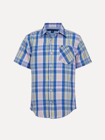 Chemises Tommy Hilfiger Little Pastel Plaid Corta-Sleeve Enfant Bleu | FR_B2083