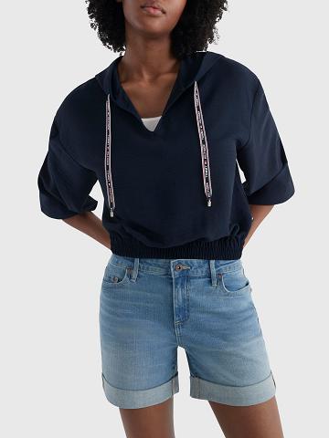 Hauts Tommy Hilfiger V-Neck Encapuchonné Pullover Pull Femme Bleu | FR_W21511