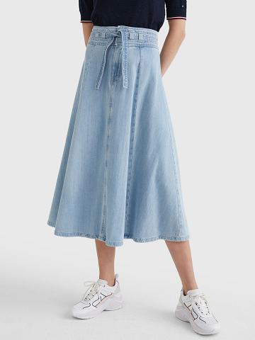 Jupe Tommy Hilfiger High Rise Denim Tie-Taille Midi Femme Bleu | FR_W21331