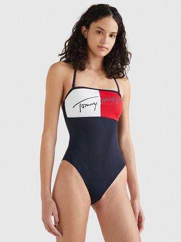 Maillots De Bain Tommy Hilfiger Colorblock Bandeau One-Piece Femme Bleu | FR_W21409