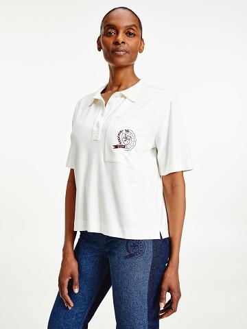 Polos Tommy Hilfiger Icon Crest Pocket Femme Blanche | FR_W21268
