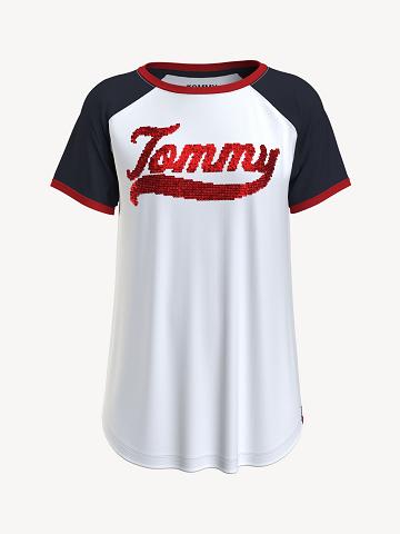 T Shirts Tommy Hilfiger Tommy Sequin Baseball Femme Blanche Multicolore | FR_W21484