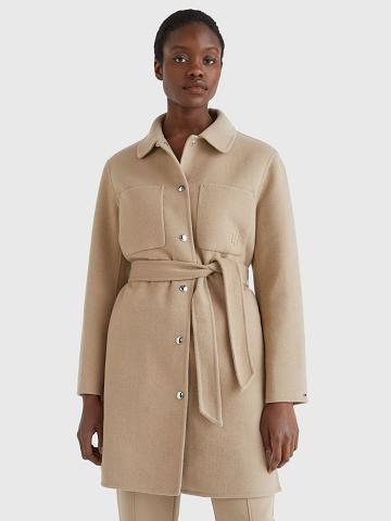 Vestes Tommy Hilfiger Long Wool Shirt Femme Beige | FR_W21180
